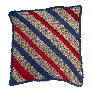 Handmade Crochet Striped Blanket Red Blue Tight Knit VTG Baby Chair Throw 34"